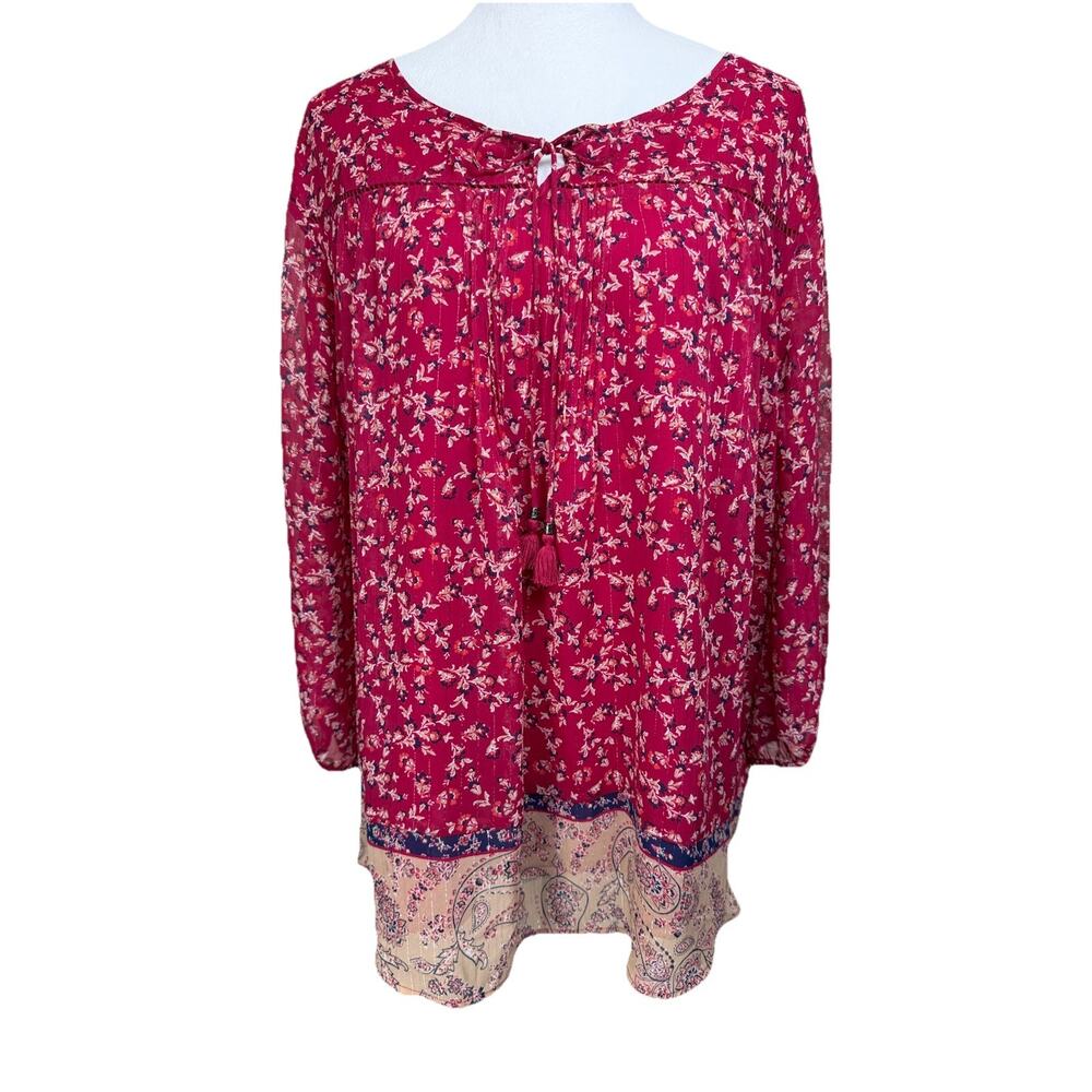 St. John's Bay Women's Blouse Plus Sz 2X‎ Red Shiney Stripes Floral Flowy
